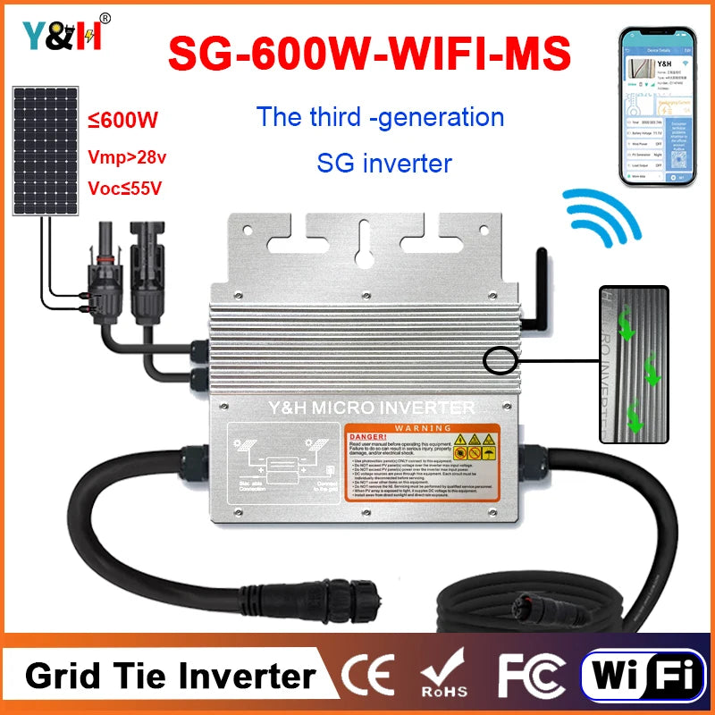 Y&H Solar Grid Tie Micro Inverter 600W 700W 800W 1000W MPPT  Grid Solar Inversor  AC120V/220V Pure Sine Wave Out Home Solar IP65