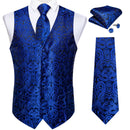 Luxury Men's Suit Vest Royal Blue Paisley Waistcoat with Neck Tie Handkerchief Cufflinks Wedding Prom Tuxedo Sleeves Vest