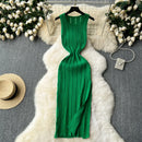 Green New Summer Knit Sexy Strap Dress Women Tank Elatic Waist Bodycon Sundress Female Beach Split Maxi Long Dress