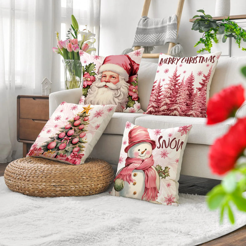 45cm Pink Christmas Peach Skin Pillow Cover Pink Santa Claus Xmas Snowman Pillow Case Merry Christmas Decor For Home 2024 Noel