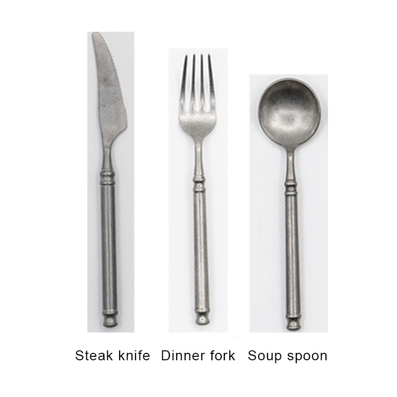 Retro Scrub 304 Stainless Steel Flatware Kitchen Cutlery Set Steak Knife Fork Spoon Set Dessert Fork Vintage restaurant Cutlery