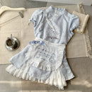 Summer Sweet Preppy Style 2 Piece Sets Women Y2k Kawaii Lolita Design Tops + High Waist Chic Skirt Female Princess Retro Outfits