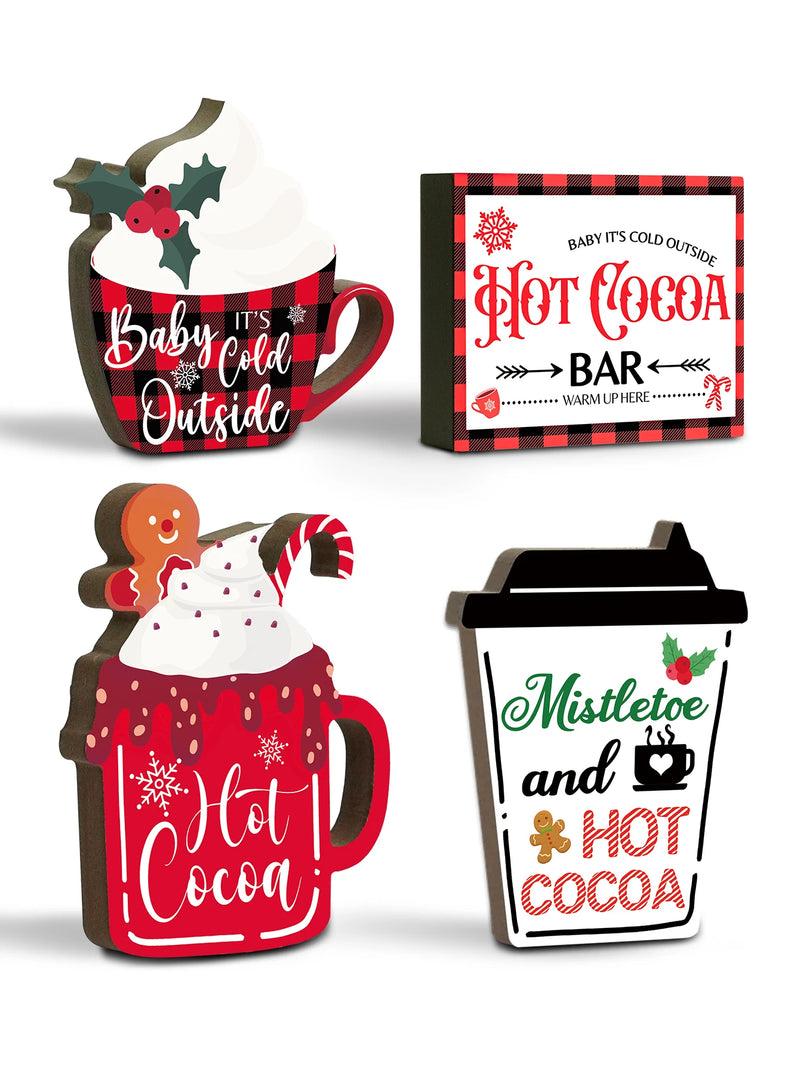 Putuo Decor 4pc Christmas Table Decor, Christmas Hot Cocoa Sign, Desktop Wooden Sign for Tiered Tray Farmhouse Table Christmas