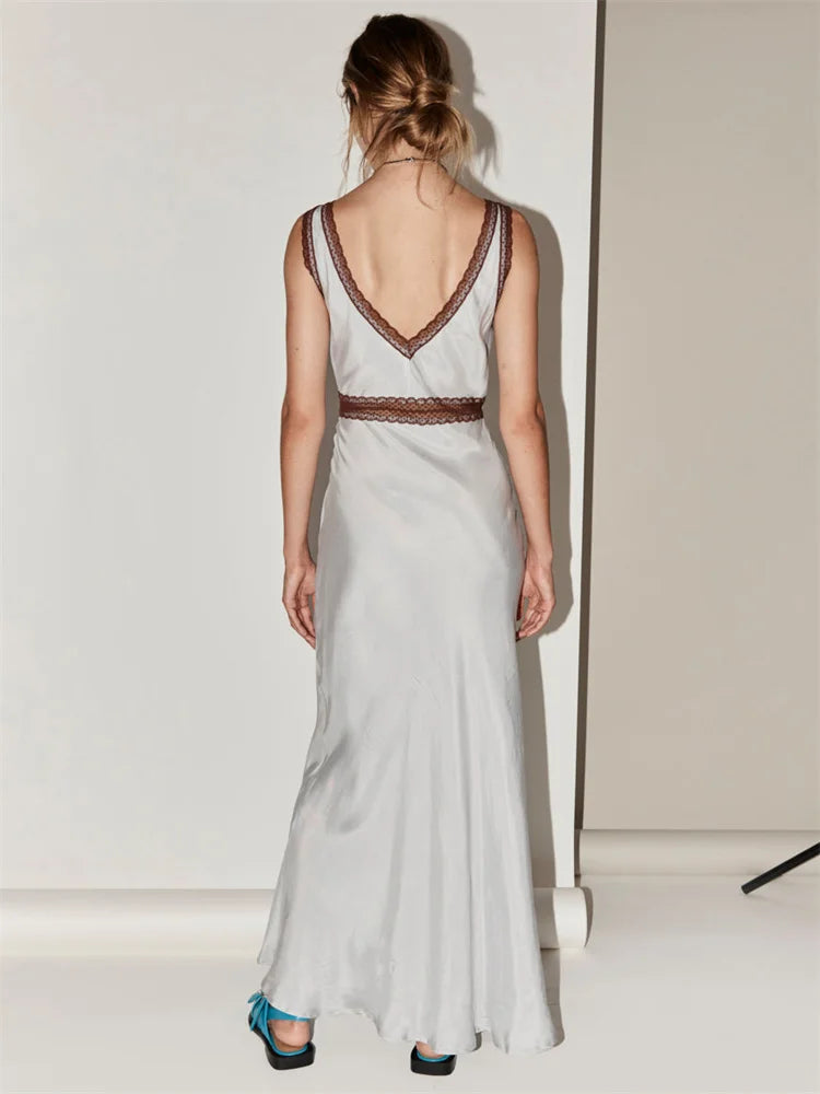 Tossy V-Neck Fashion Lace Maxi Dress Women High Waist Fashion Slim Backless Summer Dress Elegant Patchwork Women's Long Dress