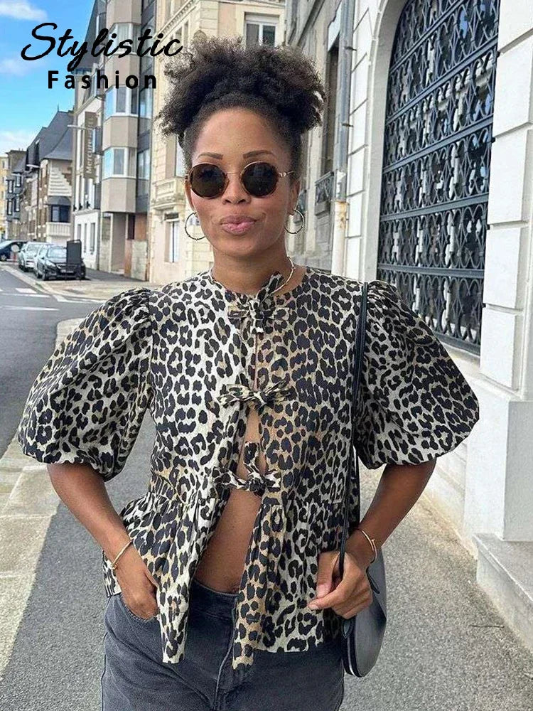 Leopard Print Shirt For Women Bow Lace Up O-neck Short Puff Sleeve Female T-shirt 2024 Summer Fashion All-match Street Lady Tops