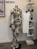 CM.YAYA 2025 Fall Women Long Sleeve Stacked Mesh See Though with Lining Bodycon Long Dress Evening Birthday Sexy Party Dresses