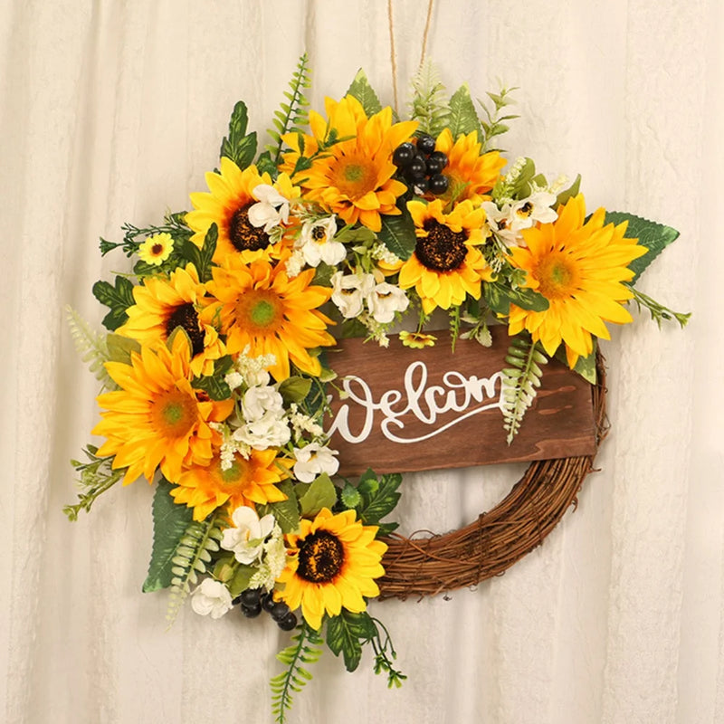 Spring Artificial Sunflower Wreath For Front Door Yellow Decorative Summer Floral Door Wreath Welcome Sign Wall Home Decoration
