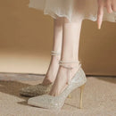 New Pearl Waterproof High Heel Shoes Women's Spring Autumn Pointed Toe Thin Heel Champagne Color Crystal Bride Marriage Shoes