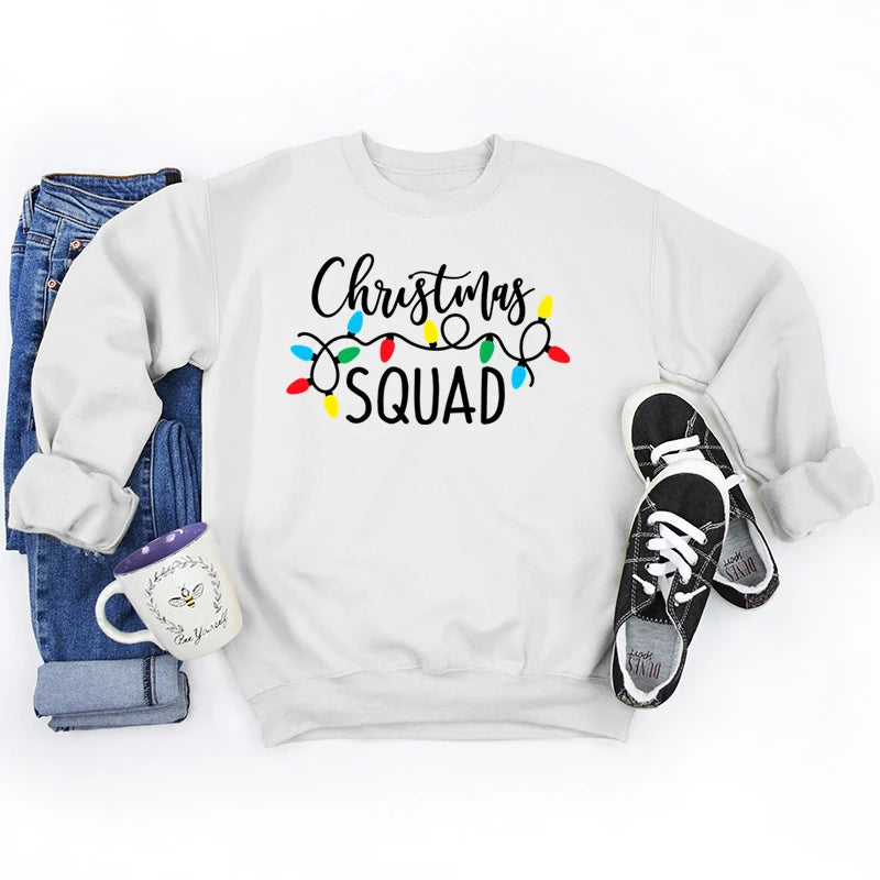 Christmas Lights Christmas Squad Print Crew Neck Sweatshirts Fashion Print Women Christmas Casual Sweatshirts Xmas Gifts