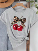 Neck Casual Tops for Summer Spring Women's Clothing Fashion Cherry Print Women T-Shirt Short Sleeve Crew