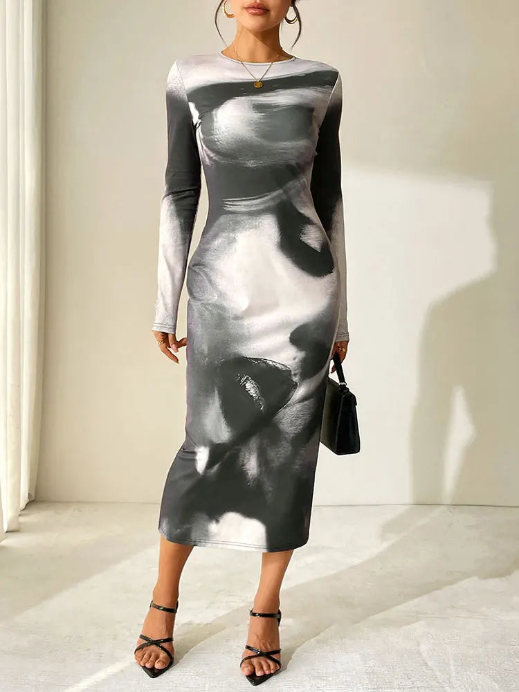 Spring New Women's Maxi Dresses Clubwear Fashion Long Sleeves Tie-Dye O-Neck Slim Dress Black Sexy Lady Elegant Dresses Clothing