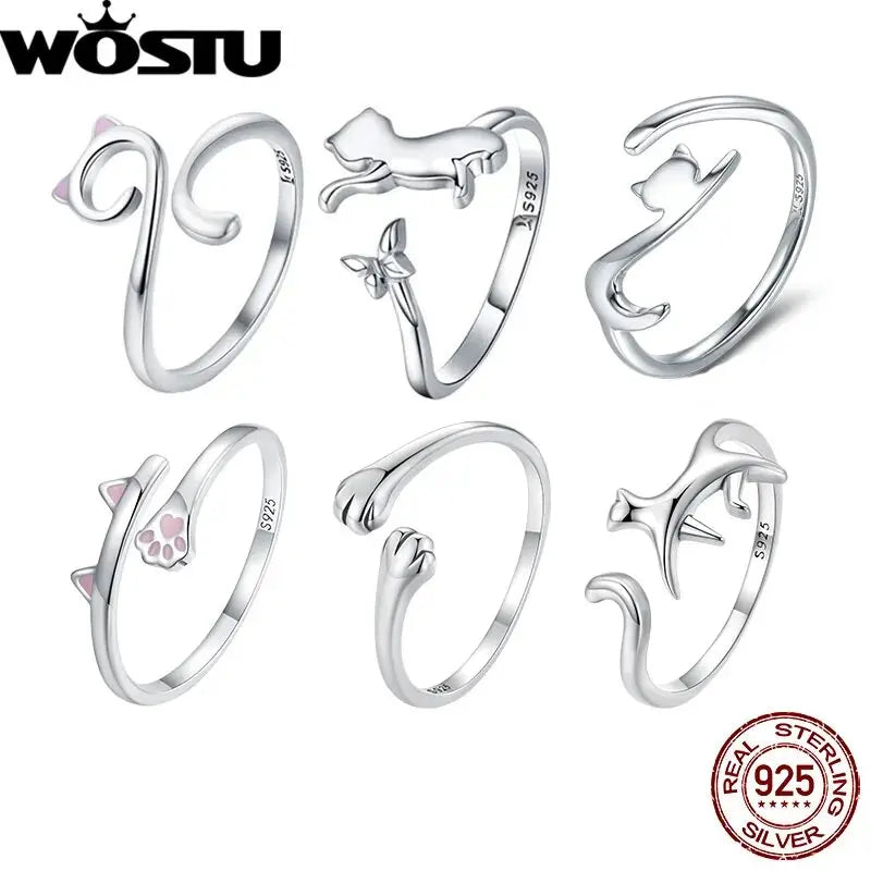 WOSTU Solid Pure 925 Sterling Silver Cute Cat Finger Ring for Women Girl Band Rings Party Jewelry Gift For Girlfriend CQR341