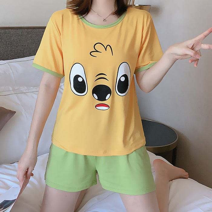 Hot sale Summer Shorts Pajama Sets for Women Short Sleeve Sleepwear Cute Girls Cartoon Pyjama Homewear Pijama Mujer Home Clothes