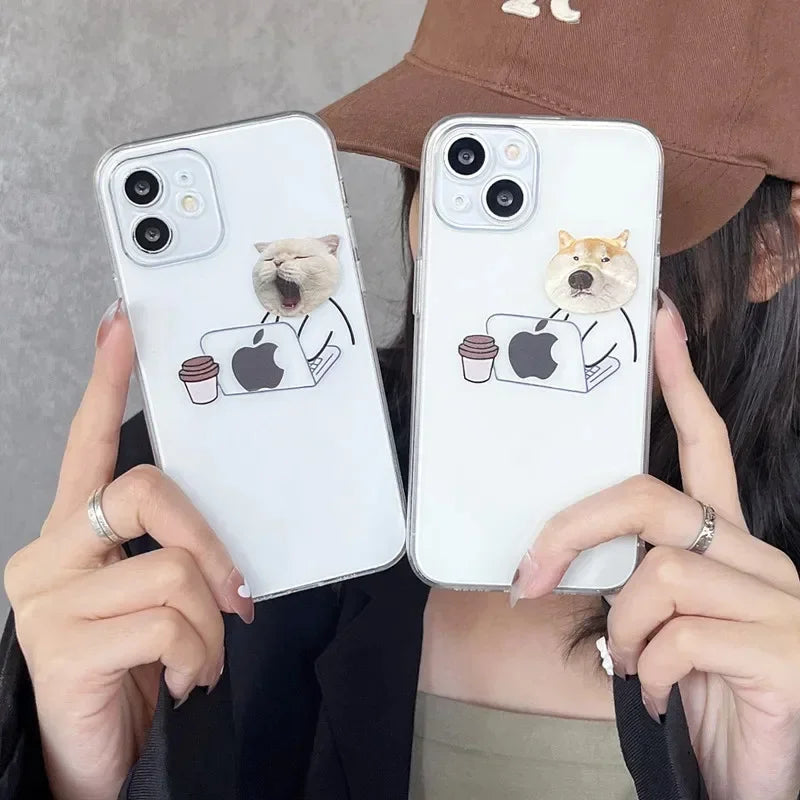 Funny Cartoon Working Cats and Dogs Clear Phone Case For iPhone 15 14 13 12 11 Pro Max Mini XR X 14Plus Thin Soft Silicone Cover