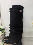 Ladies' Autumn and Winter New Pointed Knee High Women's Boots, Thick High-heeled Long Pants Boots, Fashionable Mid Rise Boots