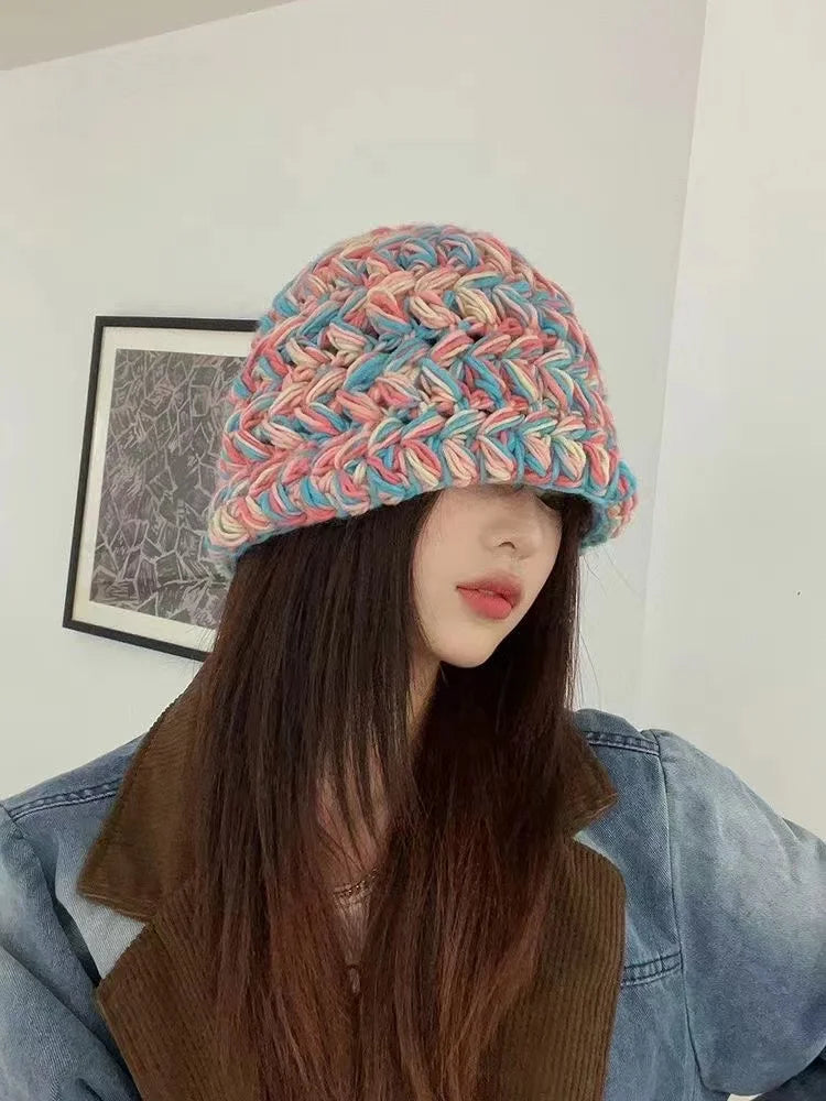 2024 New Korean-Japanese Hand Buckle Crochet Bucket Hat Spring and Autumn Winter Sun Hat Female Cherry Designer Bob Basin Hat