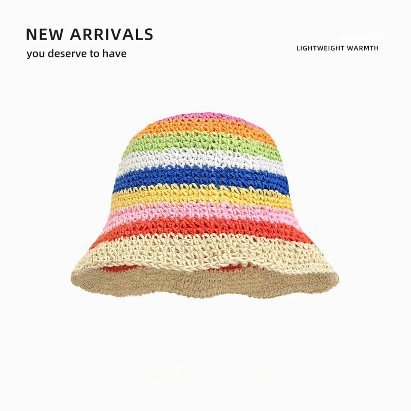 Sun Hat Women's Summer Sun Protection UV Protection 2024 New Beach Vacation Fisherman Hat Rainbow Colorful Striped Basin Hat