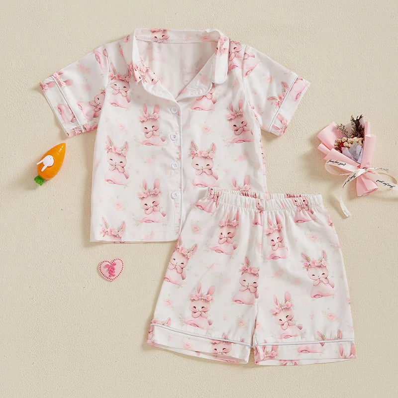 Kids Easter Satin Pajamas Set with Bunny Print Short Sleeve Lapel Button Down Tops and Shorts Sleepwear for Boys and Girls