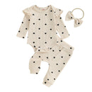 Cute Heart Print Baby Girls Clothes Set Toddler Spring Fall Outfits Long Sleeve Romper + Pants + Headband Set 3PCS Infant Suits