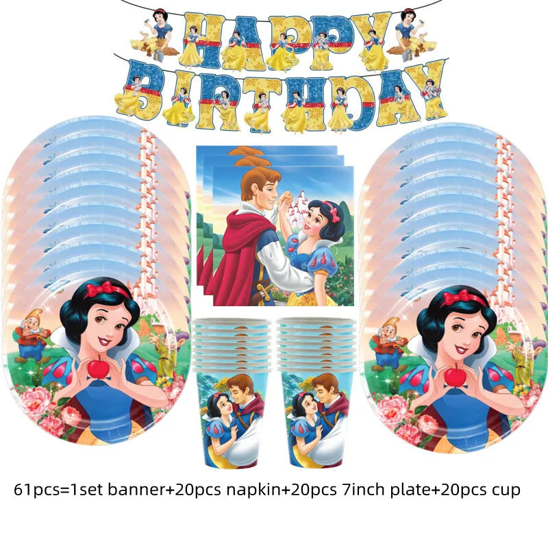 Snow White Birthday Party Set Cup Plate Napkins Tablecloth Cake Topper Balloons Disposable Tableware Baby Shower Supplies