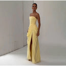 Butter Yellow Mesh Splicing Long Dress Elegant Strapless Split Backless Pleated Gowns For Women 2026 Lady Evening Party Gowns