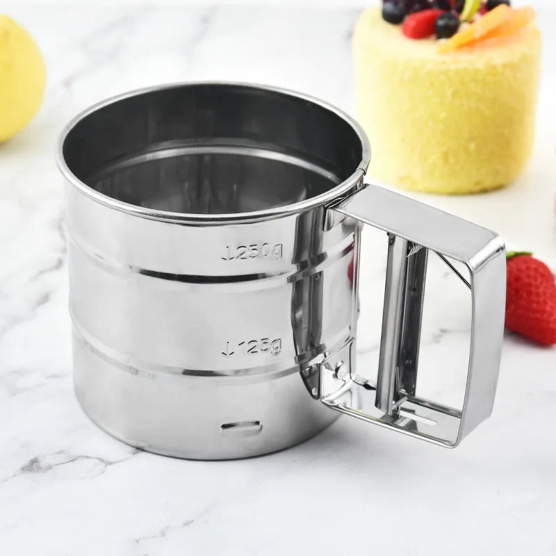 Large double flour sieve stainless steel manual powder sieve cup stainless steel flour filter