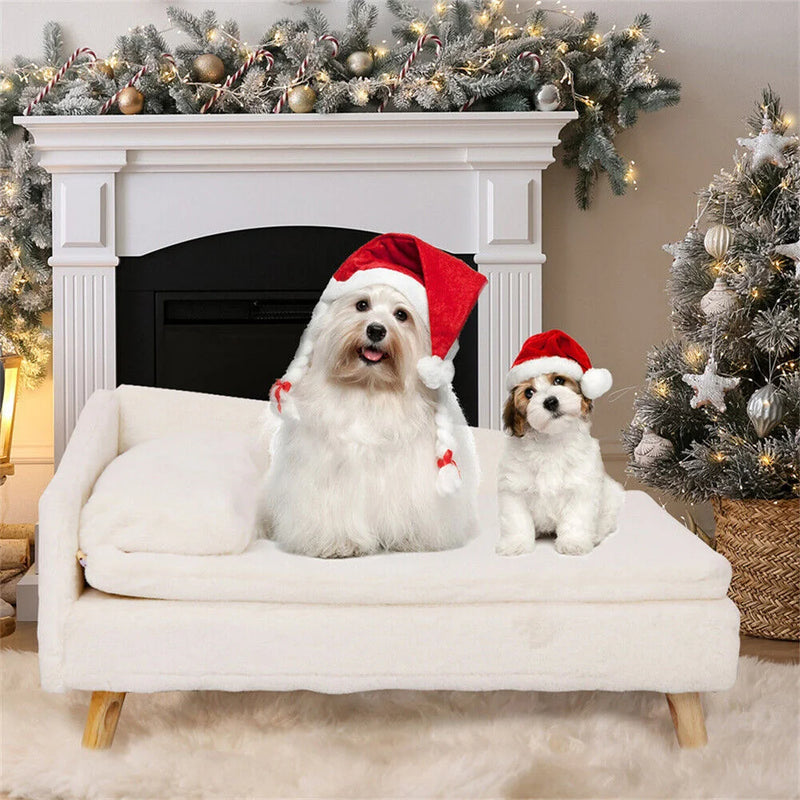 Luxury Elevated Dog Sofa Bed with Backrest Plush Cushion Wooden Legs Raised Dog Bed Lounger Chair for Small Medium Dog Cat Chair