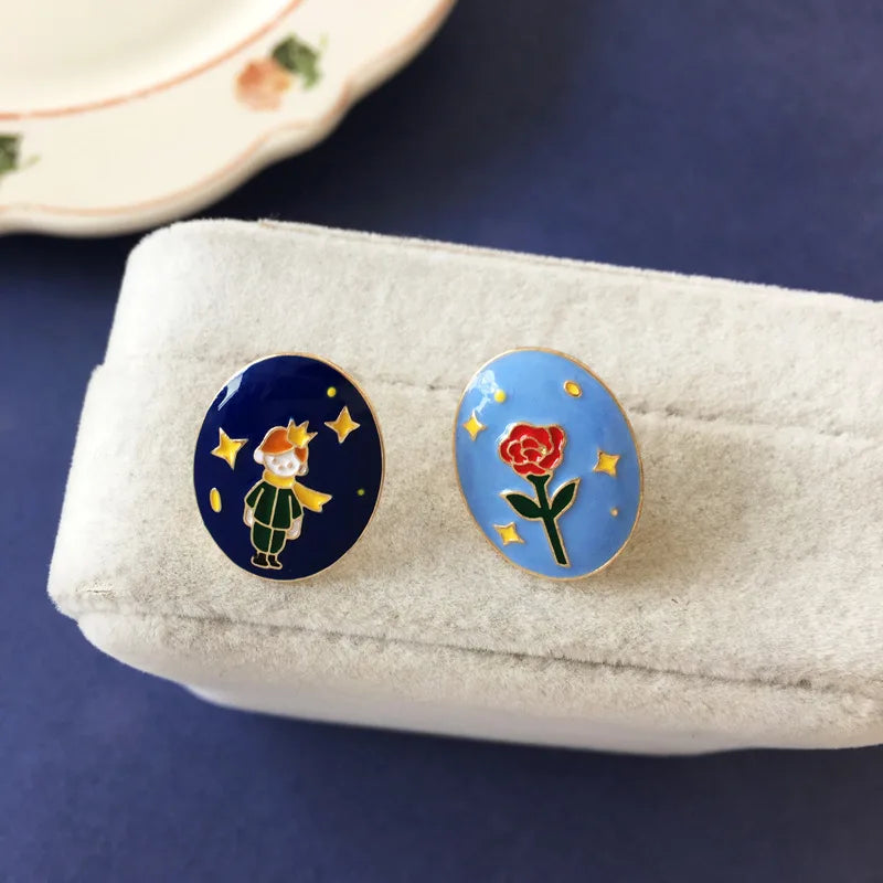 2022 Creative Cartoon Style The Little Prince Rose Flower Drop Earrings Simple Oval Shaped Blue Enamel Little Prince Earrings
