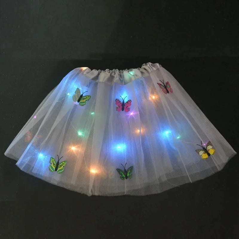 Princess Girl Butterfly Light Fairy Tutu LED Skirt Glow Flower Headband Birthday Gift Fancy Party Christmas Halloween Festival