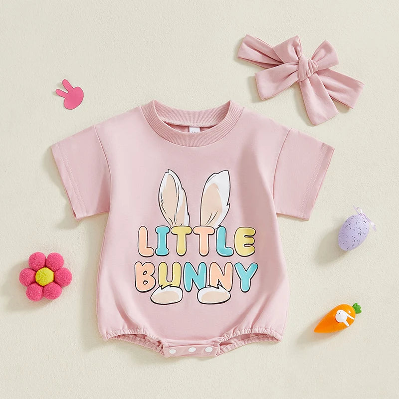 Adorable Toddler Easter Bunny Romper Set with Matching Headband - Cute Short Sleeve Letter Print Jumpsuit for Baby Girl