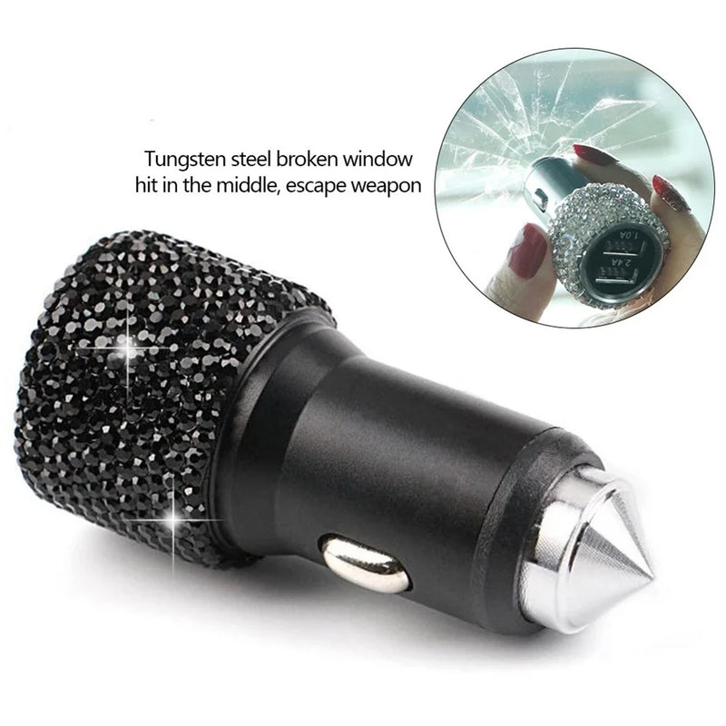 Car Charger 5V 2.1A Diamond Dual USB Fast-Charged Adapter Car Styling Bling Car Phone Aluminum Alloy Charger Safety Hammer