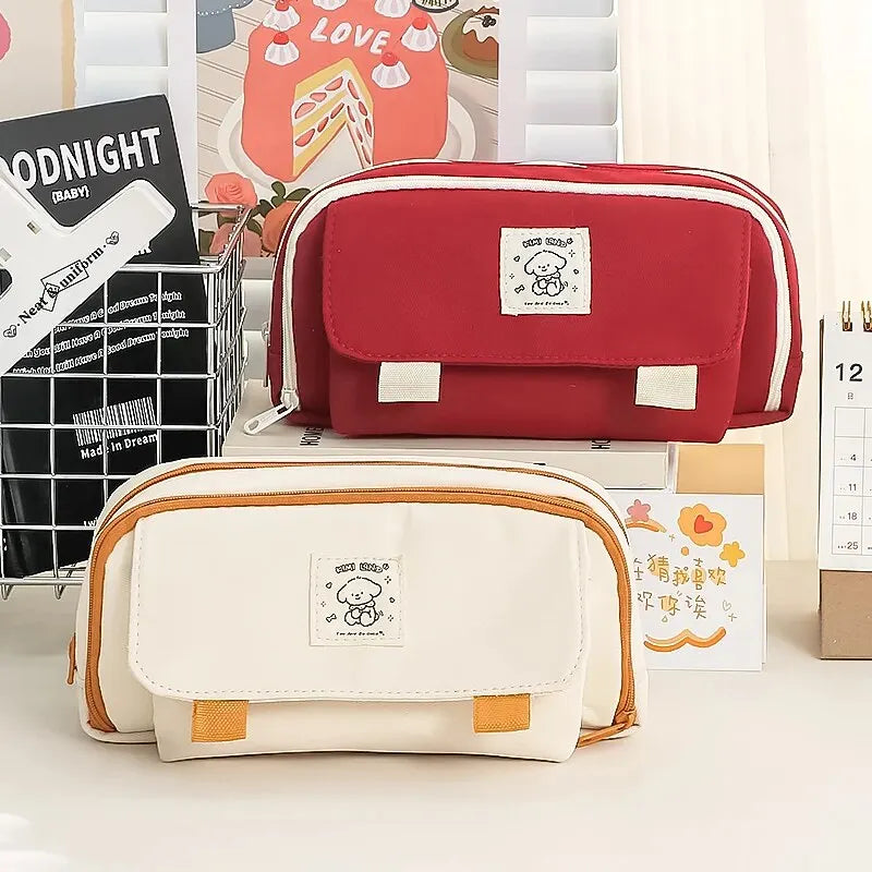 Cute Big Capacity Pencil Case with 3 Compartments for Stationery Storage Dog Pattern School Pencil Bag Kawai Case