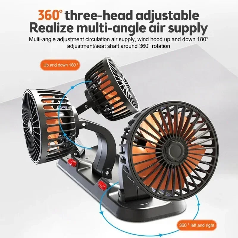 Car Fan 360° Adjustable 3 Head Air Fan Automotive Electric Fan Multi-function USB/12V/24V Fan 2 Speeds Car Silent Fan for Home