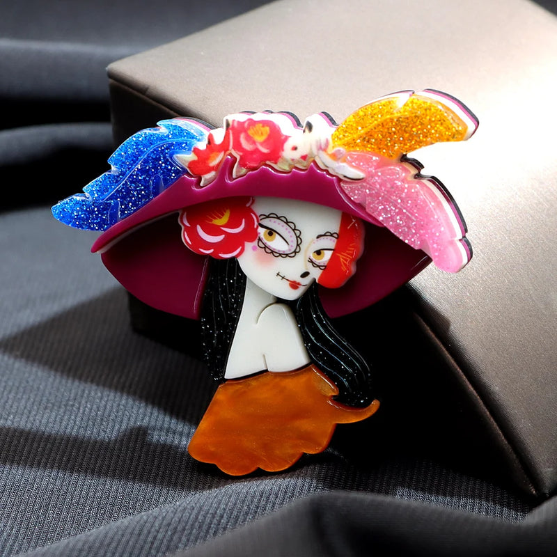 CINDY XIANG Acrylic Skeleton Make Up Girl Brooch Halloween Pin New 2024