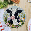 Beginner Embroidery Kit Cow Daisy Flower Embroidery Punch Needle Kit with Hoop Cloth Color Thread Colorful Handmade Craft Set