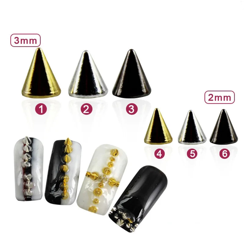 TSZS 1/2/3mm Spikes On Nail Metal Studs Conical Shape Punk Style Halloween Nail Charms Flat Back Rivets 3D Alloy Nail Decoration