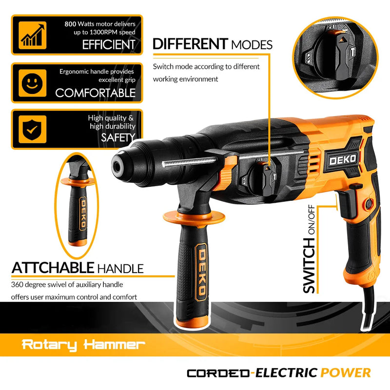 DEKO DKRH26XL80-ST 4 Functions Electric Rotary Hammer Multifunctional Rotary Accessories Electric Demolition Hammer Impact Drill