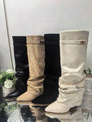 Ladies' Autumn and Winter New Pointed Knee High Women's Boots, Thick High-heeled Long Pants Boots, Fashionable Mid Rise Boots