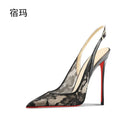 Black lace high-heeled sandals for the summer of 2025, new pointed, thin heel,shallow mouth,comfortable professional single shoe
