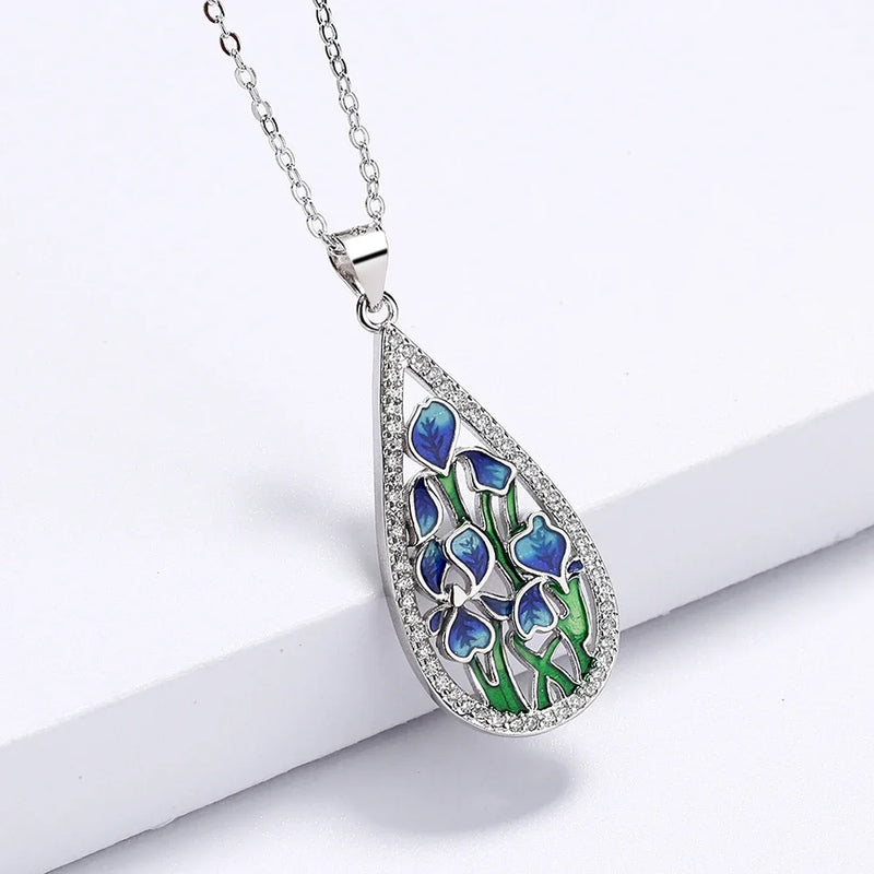 925 Silver Women's Necklace Fashion Blue Flower Ladies Pendant Handmade Enamel Jewelry Wedding Accessories Pendant Necklace