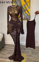 CM.YAYA 2025 Fall Women Long Sleeve Stacked Mesh See Though with Lining Bodycon Long Dress Evening Birthday Sexy Party Dresses