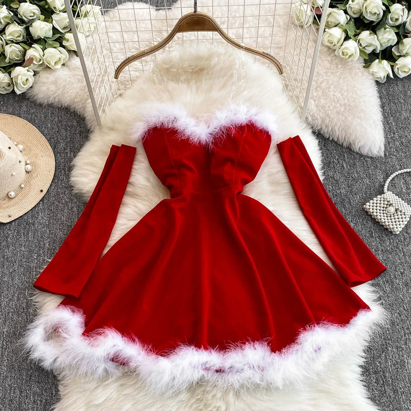 Women's Dress For New Year Vestido Sexy Off Shoulder Furry Strapless Christmas Dress 2024 Short Mini Club Party Dresses Ladies