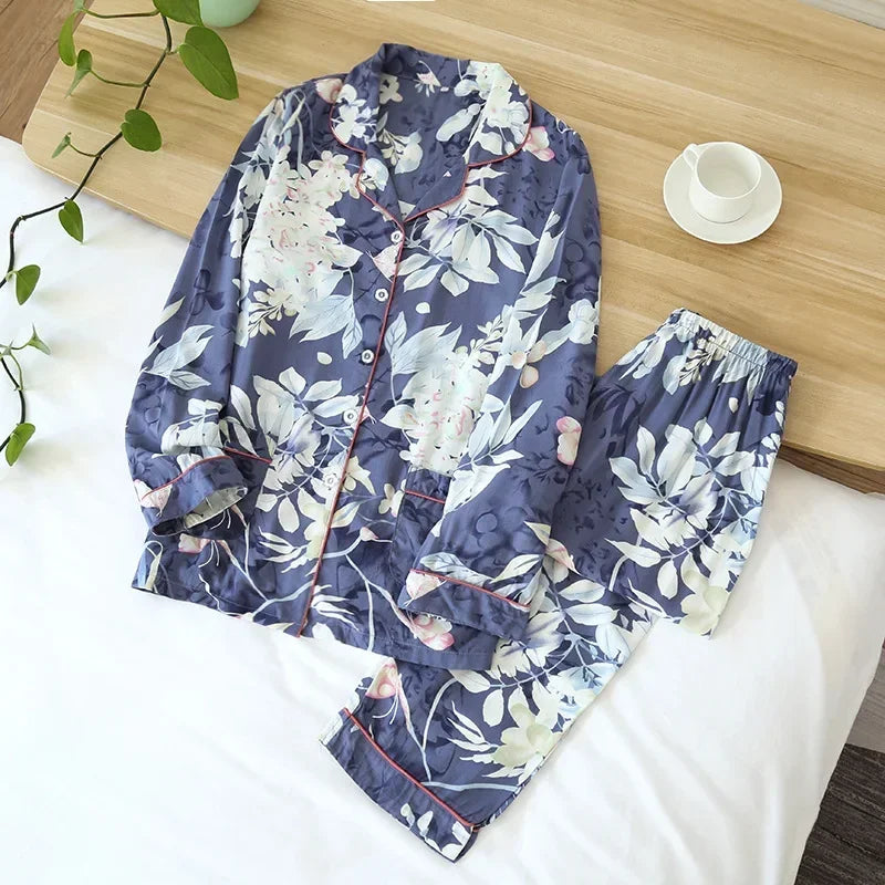 Spring and Autumn Women's100% viscose long-sleeved trouserslarge floral cotton silklarge size thin cardiganhome serviceshirt set