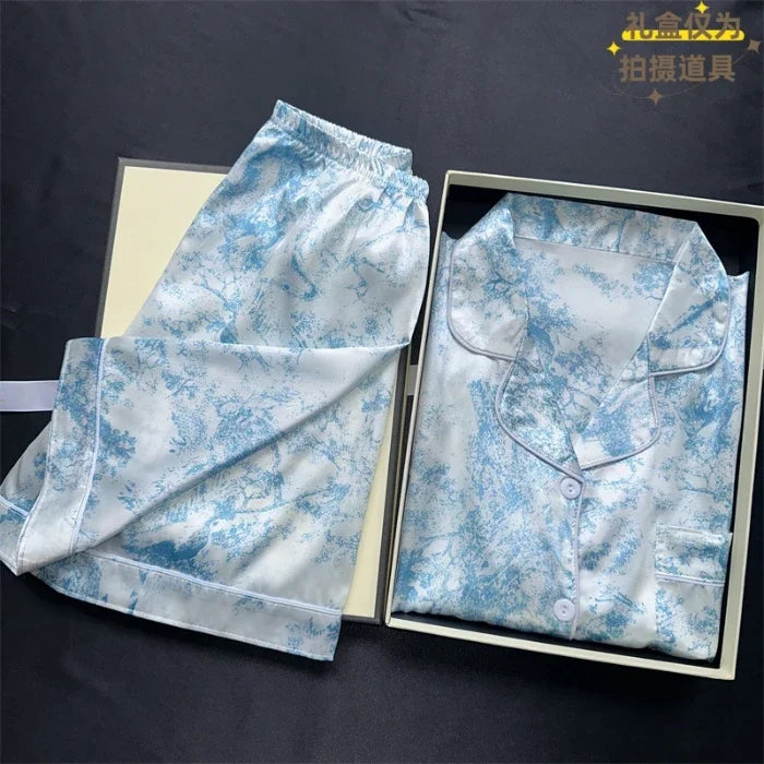 2 Pieces Print Sleepwear Faux Silk Satin Nightwear Pyjamas Fashion Casual Pajama Women Shorts Pajamas Set Ink Painting Outfits