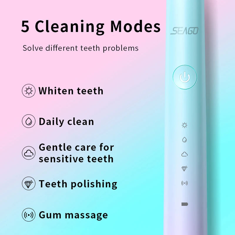 Seago S2 Sonic Electric Toothbrush  5 Modes Whitening Tooth brush 2 Minute Smart Timer IPX7 With 3pcs Replacement Brush Heads