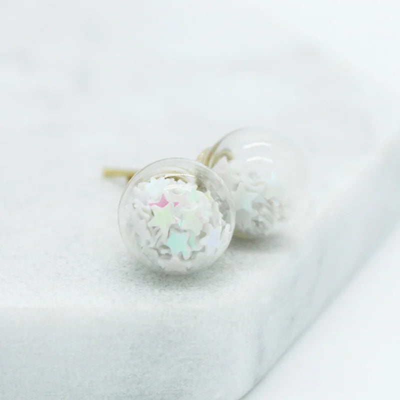 New Fashion Design 10MM Glass Ball Colorful Stars Glitter Beads Gravel Small Earrings for Women Temperament Small Girls Gifts
