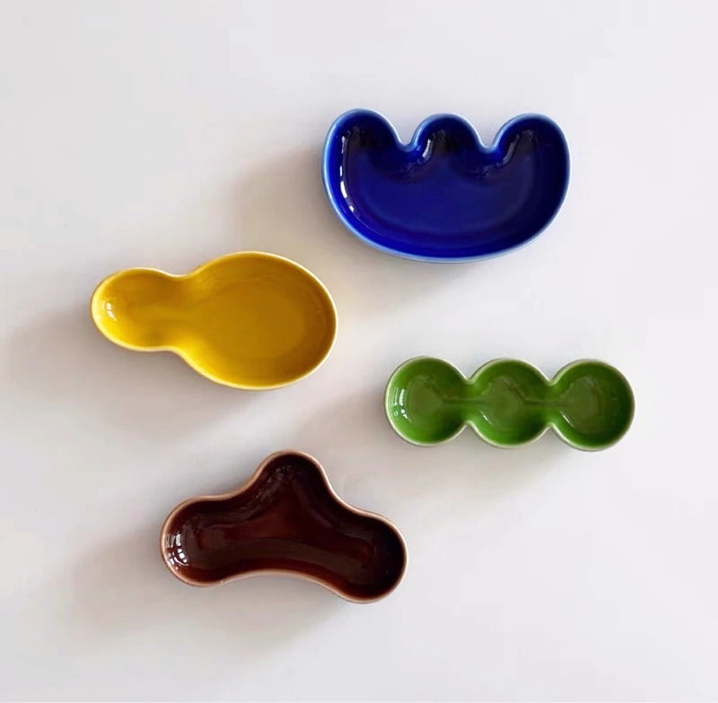 4 Colors Irregular Hand-kneaded Ceramic Dipping Flower Dish Colorful Glaze Lovely Japanese Hot Pot Dipping Flower Dish
