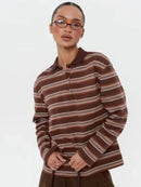 Bornladies Spring Summer New Women's Retro Striped Polo Collar Oversized Long Sleeve T - Shirt Trendy Casual Loose Basic Top