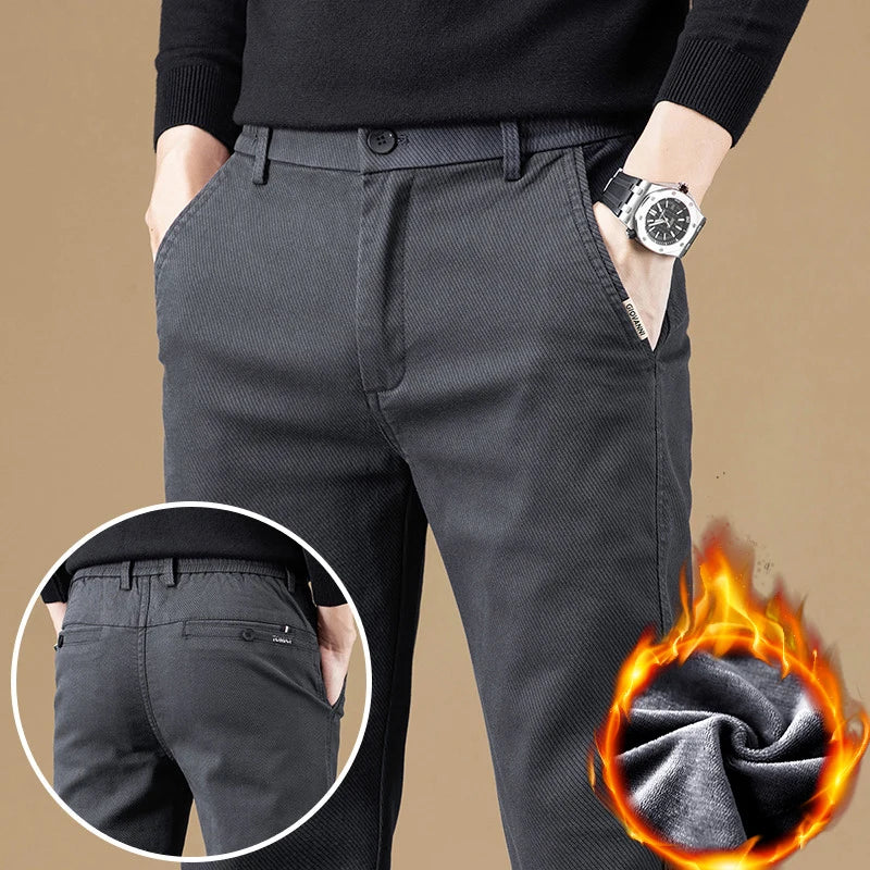 Stretch Fleece Casual Pants Men Korean Thickened Straight Thermal Velvet Pants Male Winter Business Soft Slim Fit Trousers