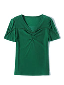 Summer Shinning Mesh T Shirts Women's Short Sleeve Beading V Neck Tees Buttons Folds Slim Tshirt For Female